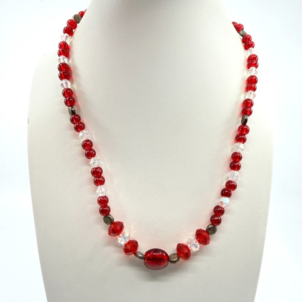 Red and Clear Crystal Beaded Statement Necklace Boho Christmas Holiday‎ Gift